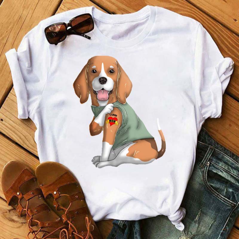 I Love Mom Print Damen T-Shirt Lustige Hundedruck Tops Harajuku Hunde-T-Shirt Sommer Kurzarm Graphic Tee Damen Kleidung