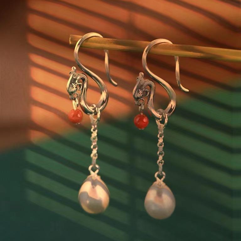 

New Chinese Style Phoenix Play Bead Earrings Detachable Phoenix Eardrops Long Style Elegant Earhook Eardrops 925 silver