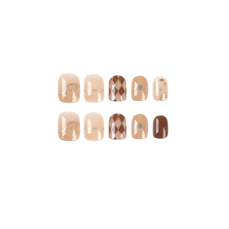 24 pezzi/set unghie finte corte retrò marrone rombo unghie finte adesivi indossabili impermeabili manicure unghie finite