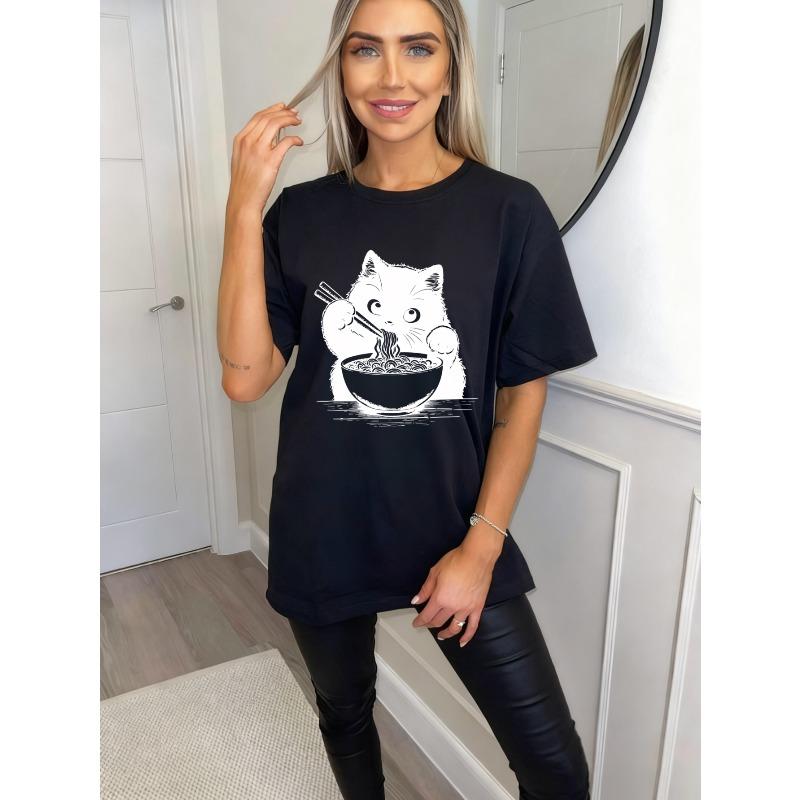 Oversized T Shirt Black Cat Eating Noodles Print Casual Streetwear For Women And Girls Summer Outfit Fashion Trendy Graphic Tee