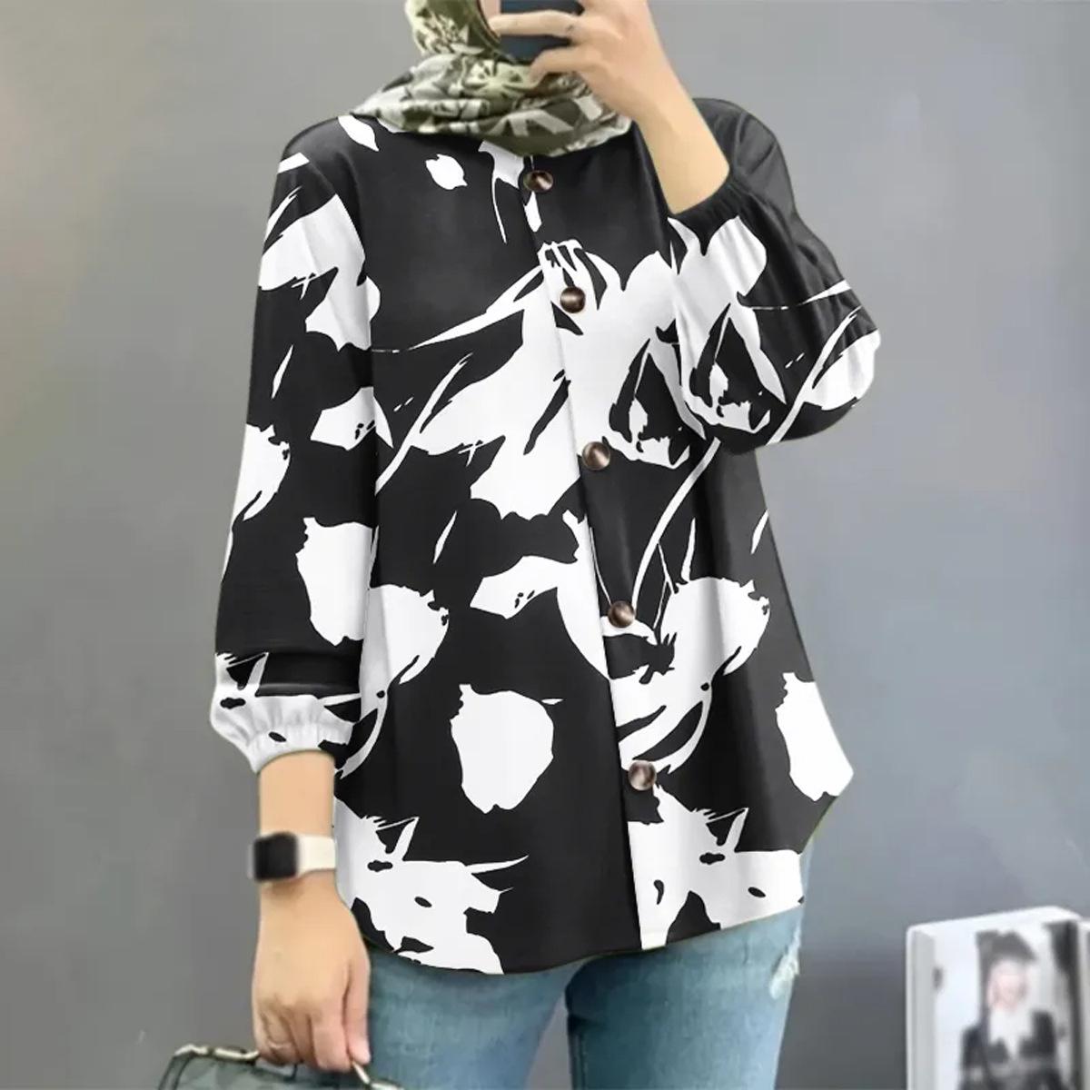 

2023 Women s Floral Bubble Sleeve Muslim Top S