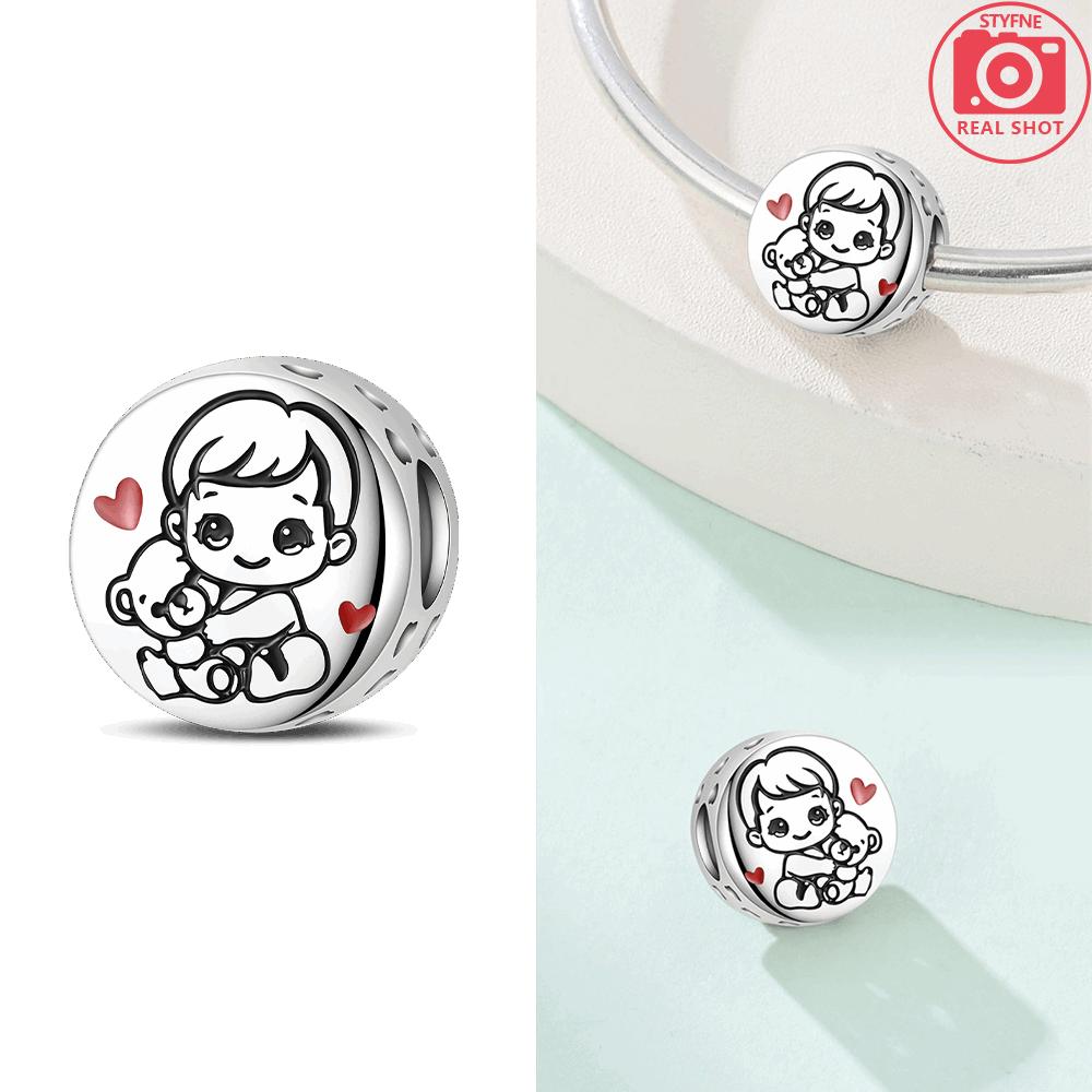 Pendants Woman New Original Copper Beads Girl Boy Holding Roses Bear Lovely Child Fit Bracelet Accessory Gift Set Jewelry