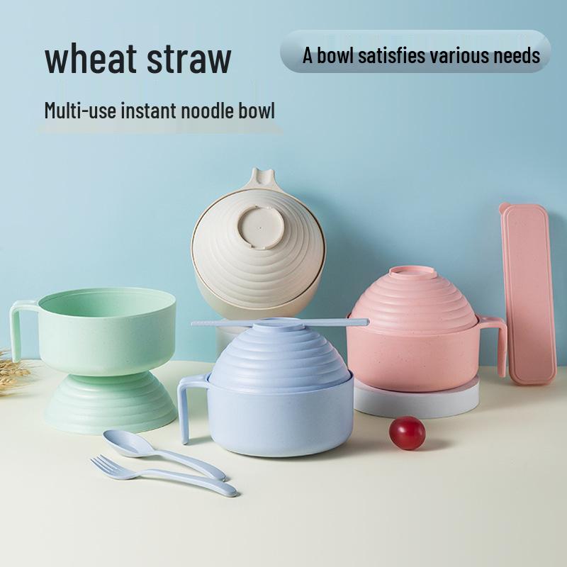 Miska na instantní nudle ze slámy s víkem, japonský styl, ideální do kanceláře nebo na kolej, včetně hůlek, velký objem