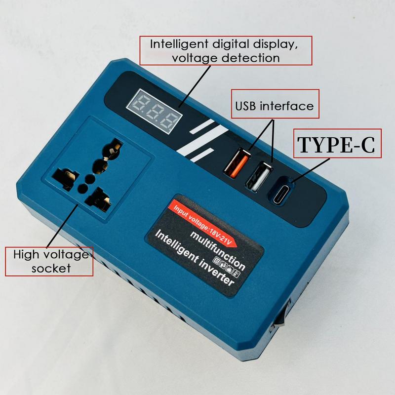 DC To AC Inverter DC 18V-21V To 220V AC Power Converter Smart Fast Charger Adapter With 2 USB Ports & 1 Type-C For Road Trip And