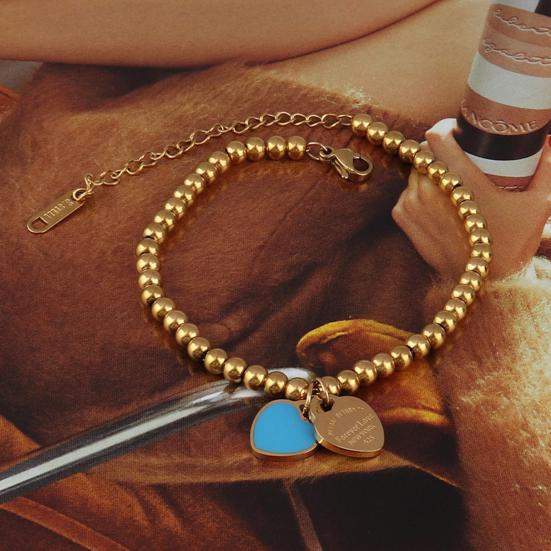 Women Beaded Enamel Bracelet Adjustable Length Heart Charm Titanium Steel Bracelet Stress Relief Happiness Meaningful Jewelry
