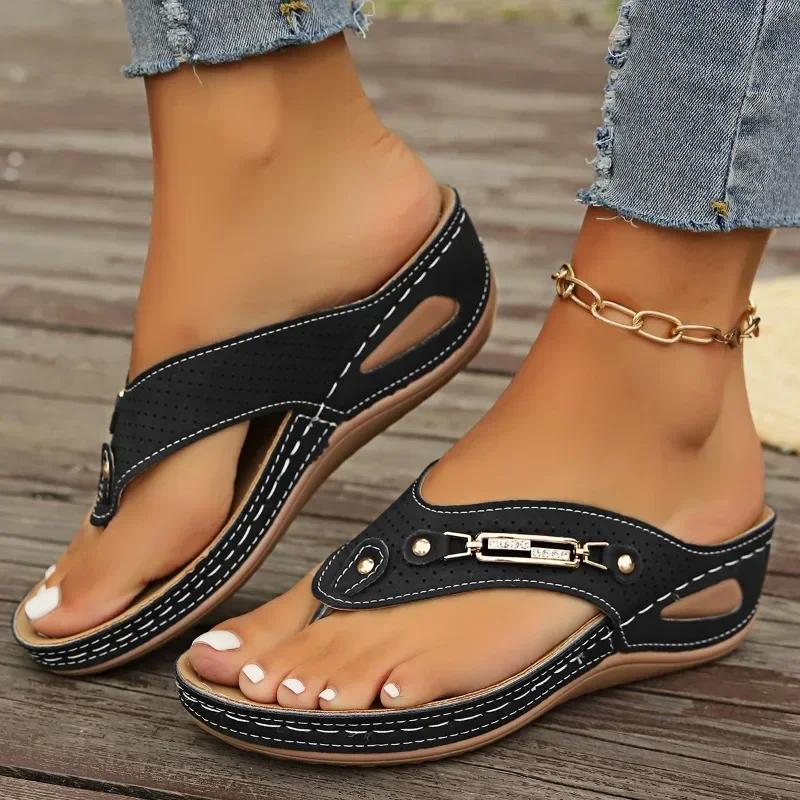 Fashion Chic Women's Retro Flip-Flops with Arch Support - Comfortable Slip-On Summer Thong Sandals, Faux Cover