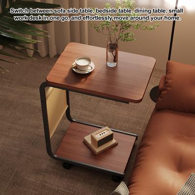 2-Tier C-shaped Side Table Rolling Small Coffee Table with Wooden Tabletop Metal Frame Living Room Bedroom Corner Nightstand Desk with Wheels