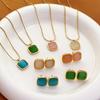 Titanium Steel Colorful Sugar Cube Necklace with Red & Green Square Pendant - Women's Non-Fading Light Luxury Retro Clavicle Chain.