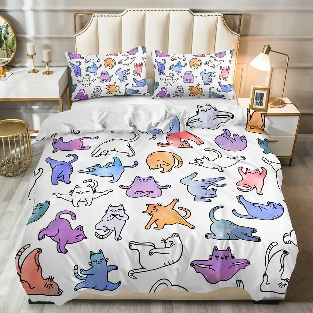 Cute Kitten Bedding For Girls Boys Black Cat Pattern 3 Piece Decorative Duvet Cover Set King Size Bedroom Decor Comforter Cover