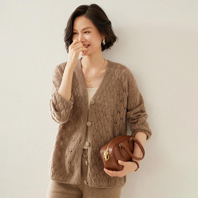 2024 Autumn/Winter Cashmere Cardigan: Button Closure, Leaf Openwork, Loose & Versatile Sweater.
