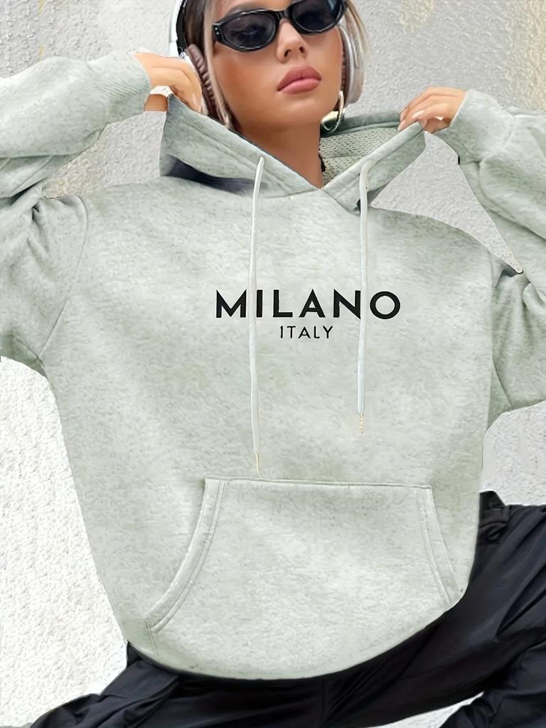 Milano Italy Polyester Hoodie for Women Alphabet Print Casual Long Sleeve Sweatshirt with Pocket Fashionable Hooded Sweatshirt