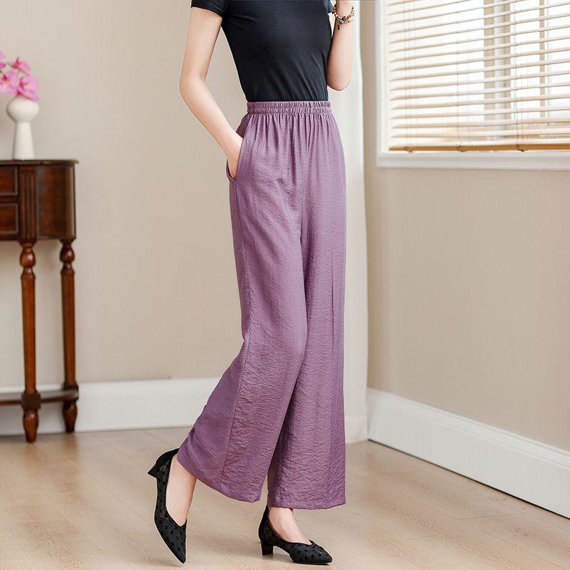 Simplicity Casual Summer Pants Women's Solid Elastic Waist Pockets Thin Style Elegant High Waist Loose Wide Leg Cropped Trousers