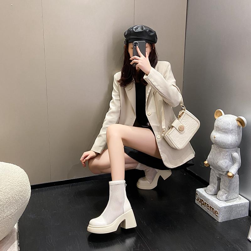 Fashion Women's Mesh Platform Boots Summer Chunky Heel Thick Bottom High Heels Breathable Non-slip Back Zip Shoes Botas  Mujer