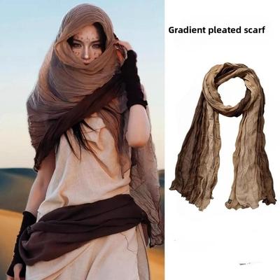 Vintage Gradient Scarf Wasteland Style Lightweight Long Pleated Shawl Breathable Versatile Hijab Scarf for Female Accessory