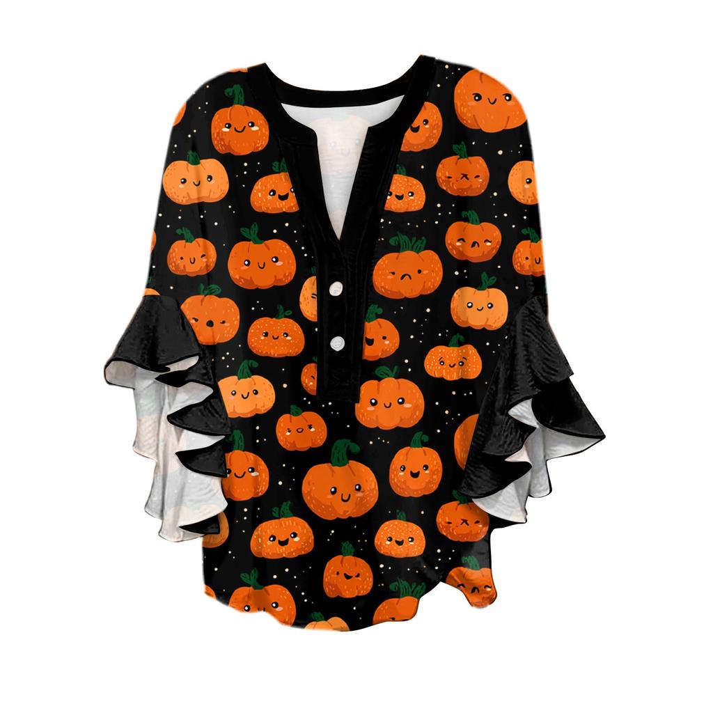Women's V-neck Seven Quarter Sleeved Shirt Halloween Printed Top Casual Shirt