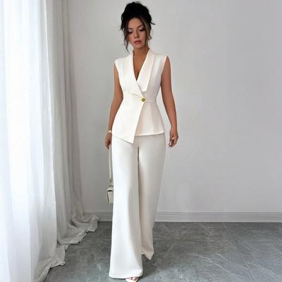 Women's Business 2 Piece Outfits Casual Sleeveless Blazer Vest Wide Leg Pants Suit Set Dressy Office Work Set