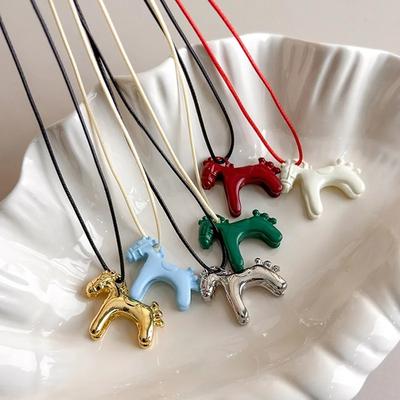 Fashion Cute Colorful 3D Horse Pendant Long Necklace for Women Adjustable Sweater Chain Jewelry Gifts Neck Lanyard Accessories