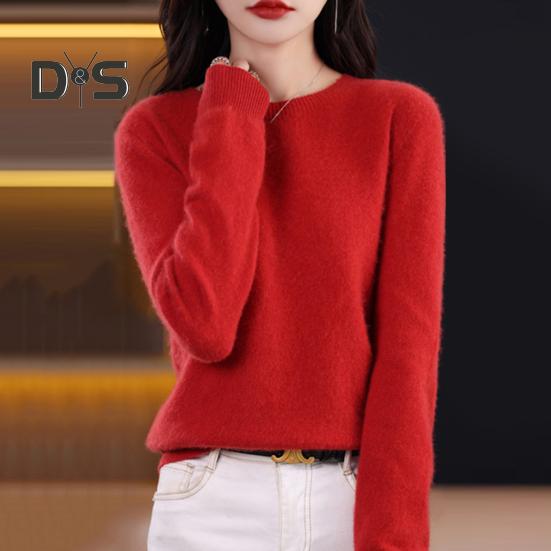 Women Bottoming Sweater Imitation Cashmere Crew Neck Sweater Long Sleeve Solid Color Slim Fit Ribbed Trim Knitting Tops