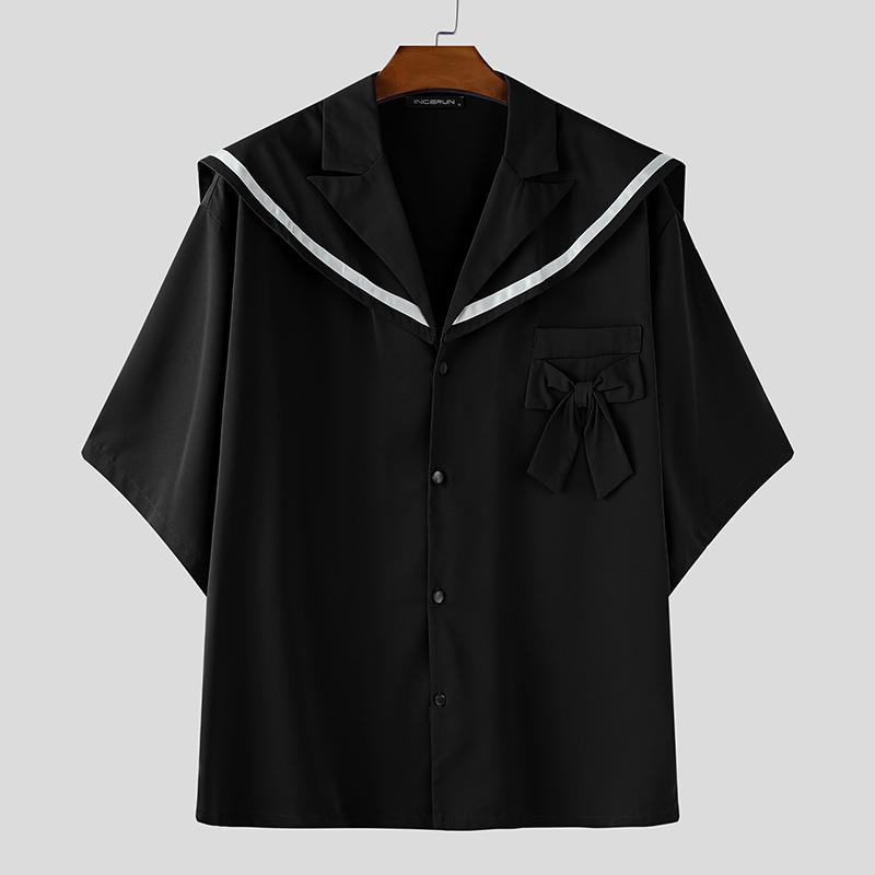 INCERUN Oversized Men Naval Collar Short Sleeve Stitching Casual Loose Shirts Tops