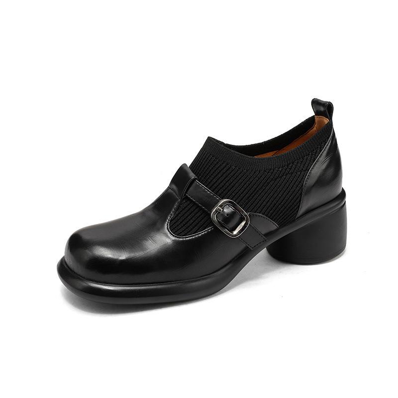 Large Size Flying Weaving Deep Mouth Single Shoes New Mary Jane Shoes Belt Buckle Thick Heel Small Leather Shoes