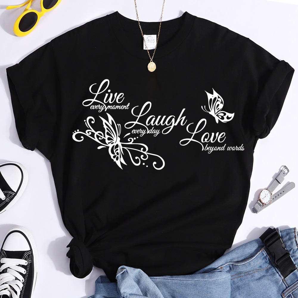 Butterfly Live Laugh Love Print Summer Casual T-shirts For Women Creative O Neck Short-sleeved T-shirts Fashion Ladies T-shirt