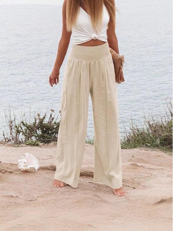 2025 Spring/Summer Women's Solid Color Elastic Waist Wide-Leg Casual Pants