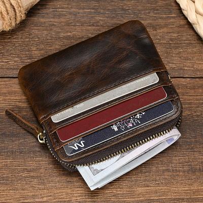 Retro Handmade Genuine Leather Mad Crazy Horse Cowhide Zipper Multi Card Portable Men's Small Wallet