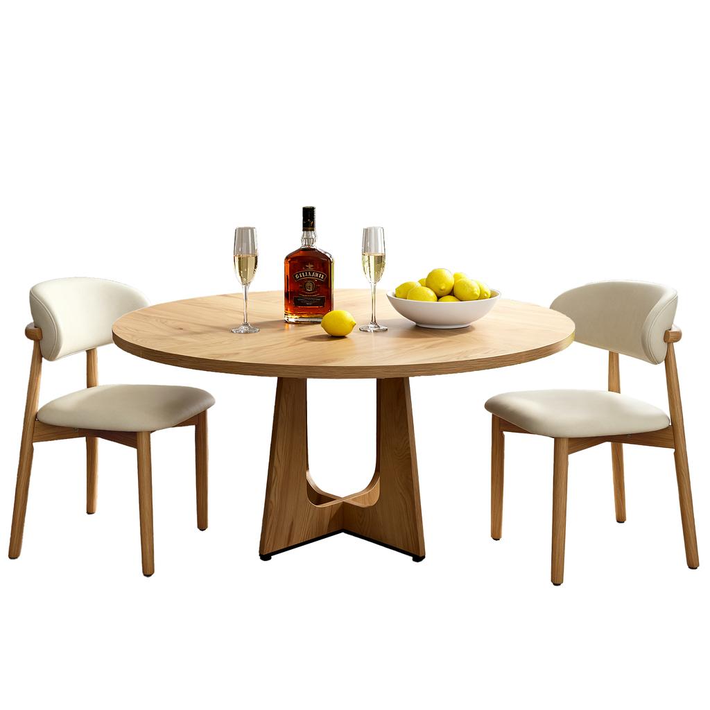 Modular Round Dining Table Set with 1 Table and 2 Chairs, Table Top MDF with Oak Veneer, Chairs Made of Solid Oak Veneered In Natural Wood Color