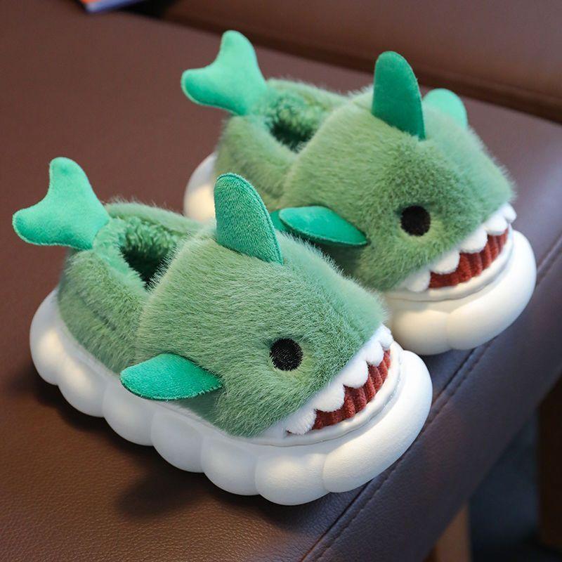 1 Pair Youngsters' Shark Plush Slippers - Soft Fleece-Lined Slip-On Indoor/Outdoor House Shoes with Cartoon Shark Design, Non-Slip PVC Sole