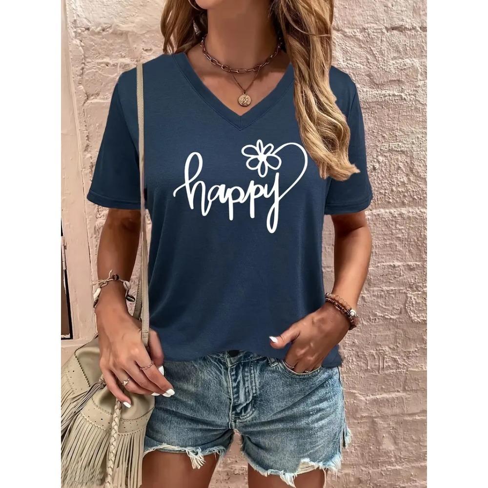 Funny Letter Print Women's T-Shirt Fashion V-neck Short Sleeve Top Casual Female Clothing Summer Fashion Flower Pattern Girl Tee