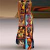Women's V Neck Sleeveless Maxi Dress Loose Fit Elastic Waist Ethnic Vintage African Figure Print Long Dress