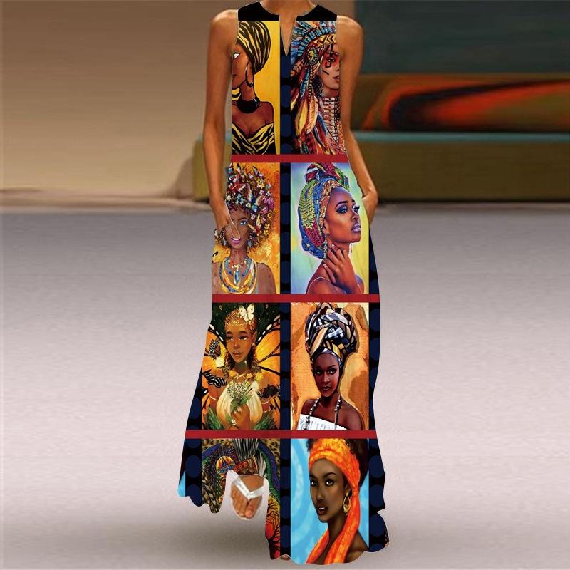 Women's V Neck Sleeveless Maxi Dress Loose Fit Elastic Waist Ethnic Vintage African Figure Print Long Dress