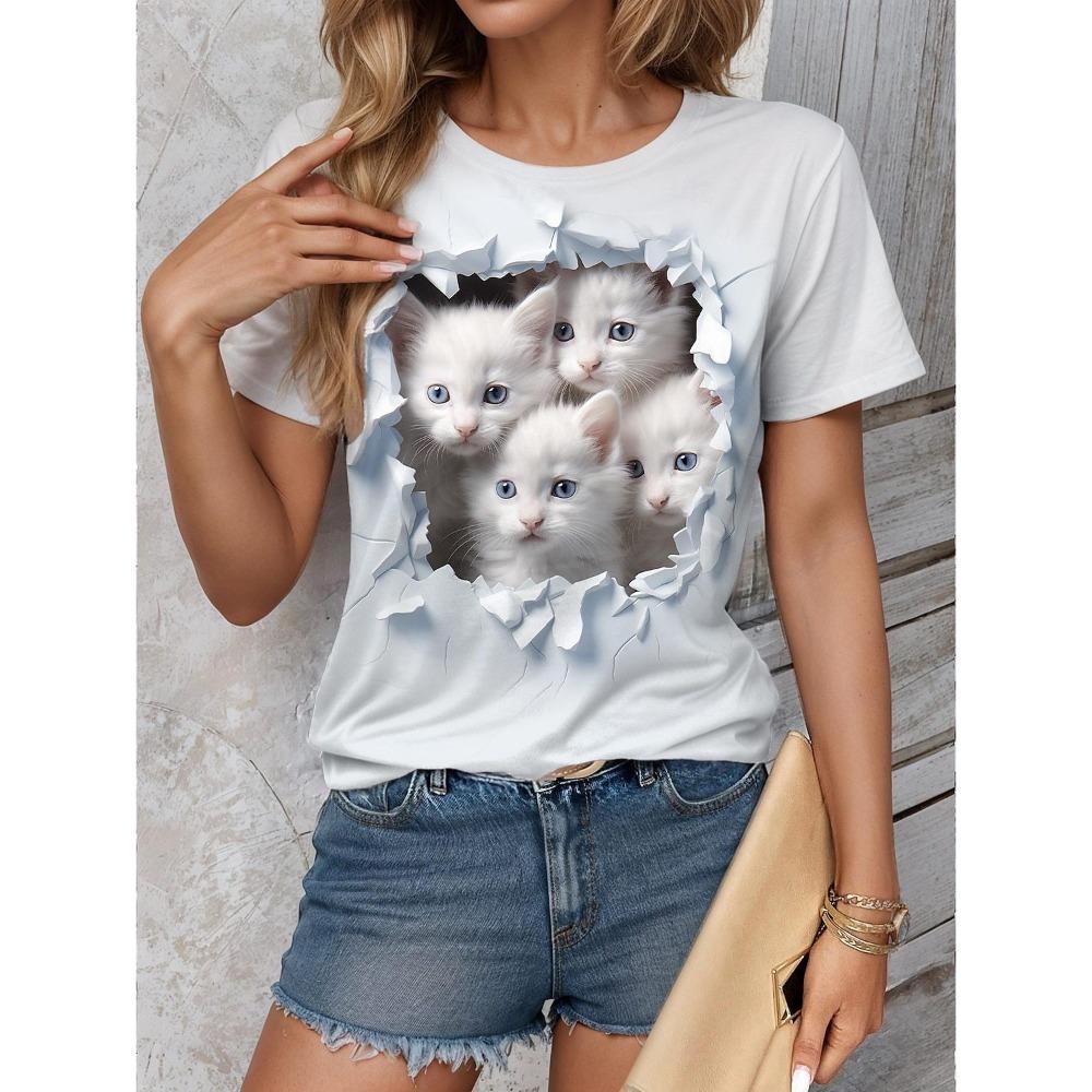 Summer Round Neck Cat Pattern 3D Print Top Fashionable Casual Short Sleeved Women's T-shirts