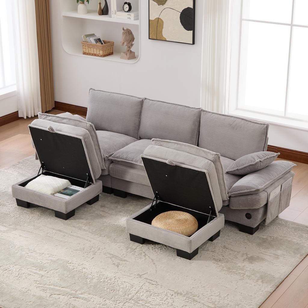 Modular 3-Seater Corduroy Sofa (with 2 Stools) – high-density foam padding, USB-C port, side pockets. For living room, office, lounge. Light Grey