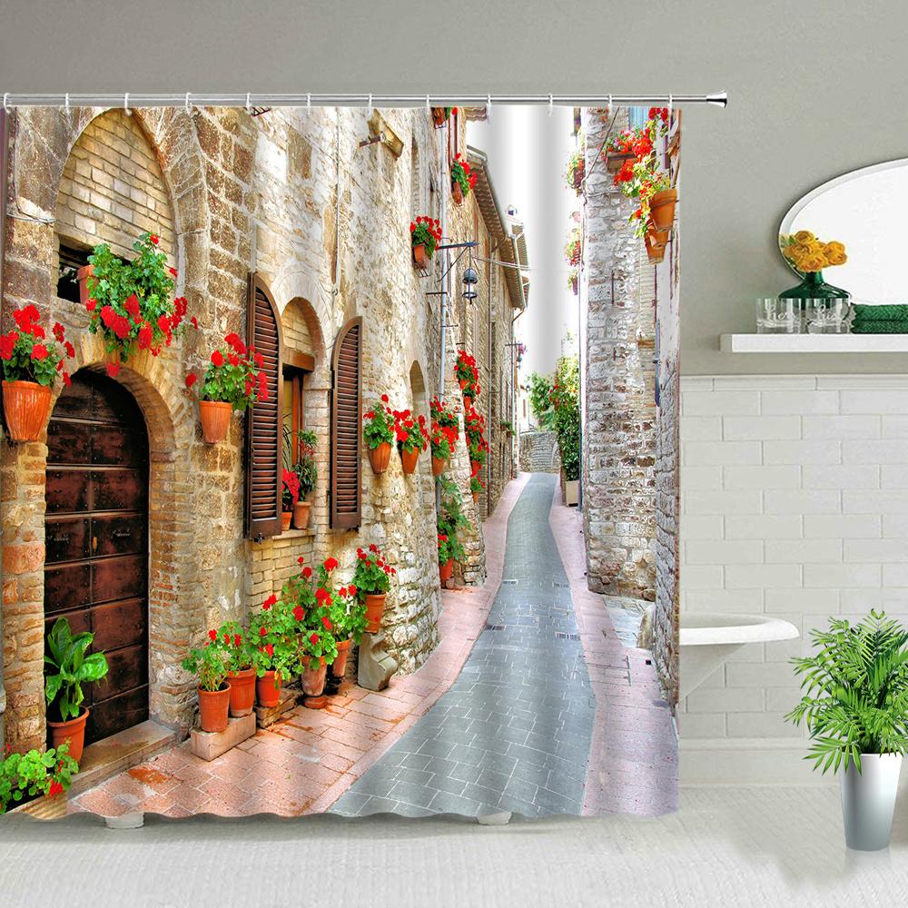 3d Nordic Italy Street Alley Shower Curtain Garden Flowers Scenery Retro Design Cloth Curtains Waterproof Home Bathroom Decor