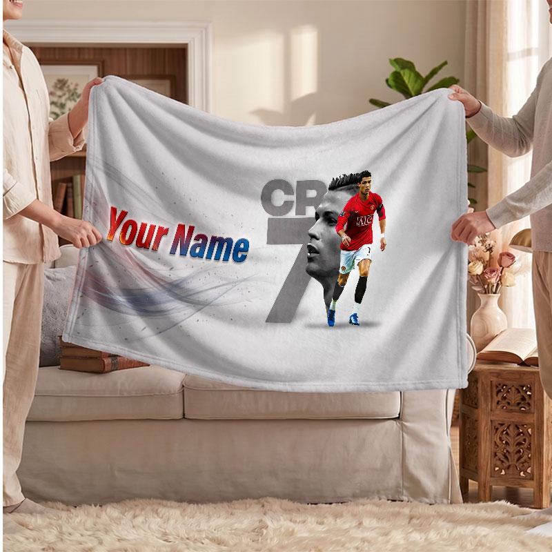 Futbol Logolu Kişiselleştirilmiş Cristiano Ronaldo Polar Battaniye, Özel İsim Yazılı Yumuşak Sıcak Ev Battaniyesi