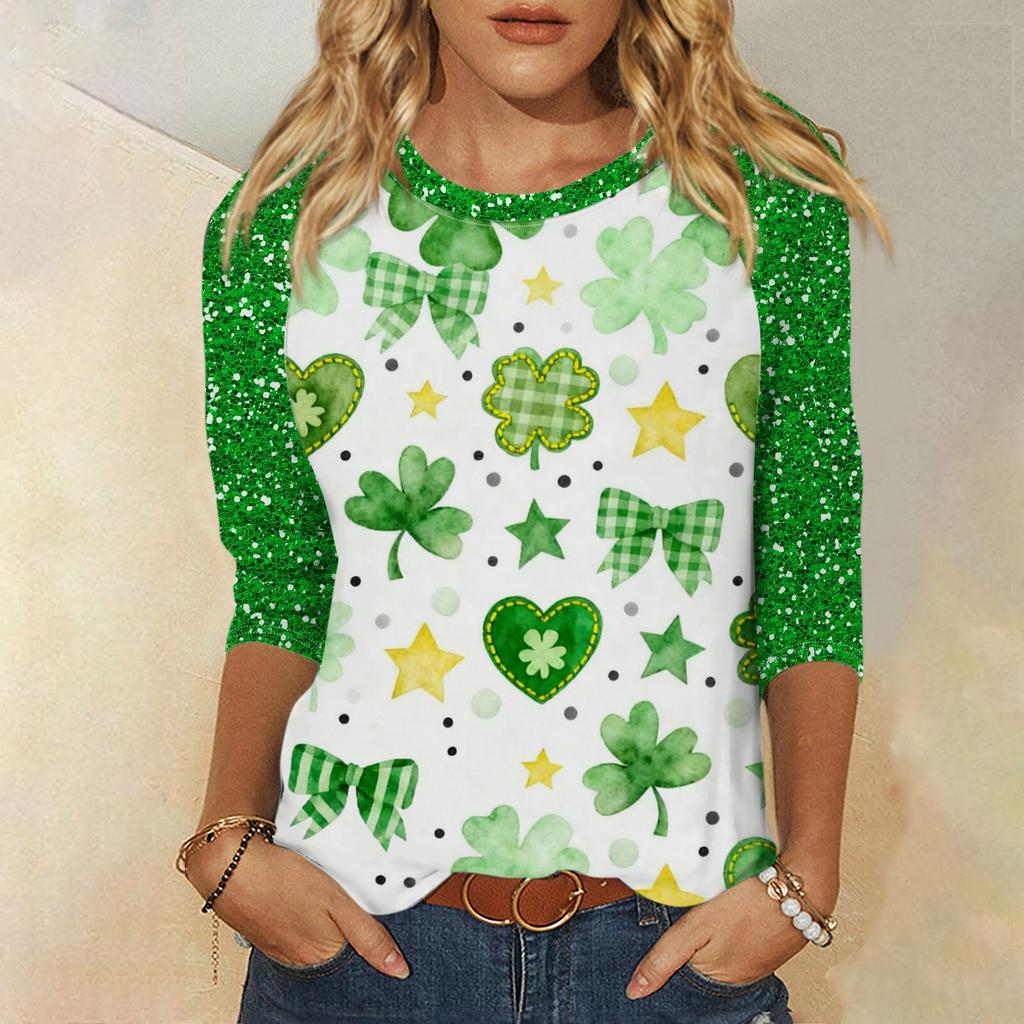 Frauen St. St. Patrick's Day Print Rundhals Dreiviertelarm Oberteil