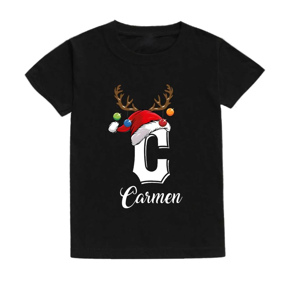 Christmas Kids T Shirt Initial with Name Child Clothes Tops Boy Girl Xmas Party Outfits Children Holiday T-shirt