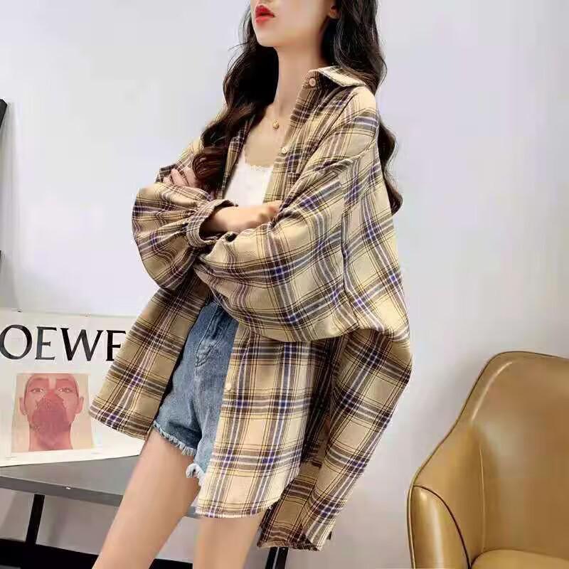 2026 Spring/Autumn Women's Loose Plaid Shirt - Versatile Korean Retro Hong Kong Style Outerwear.