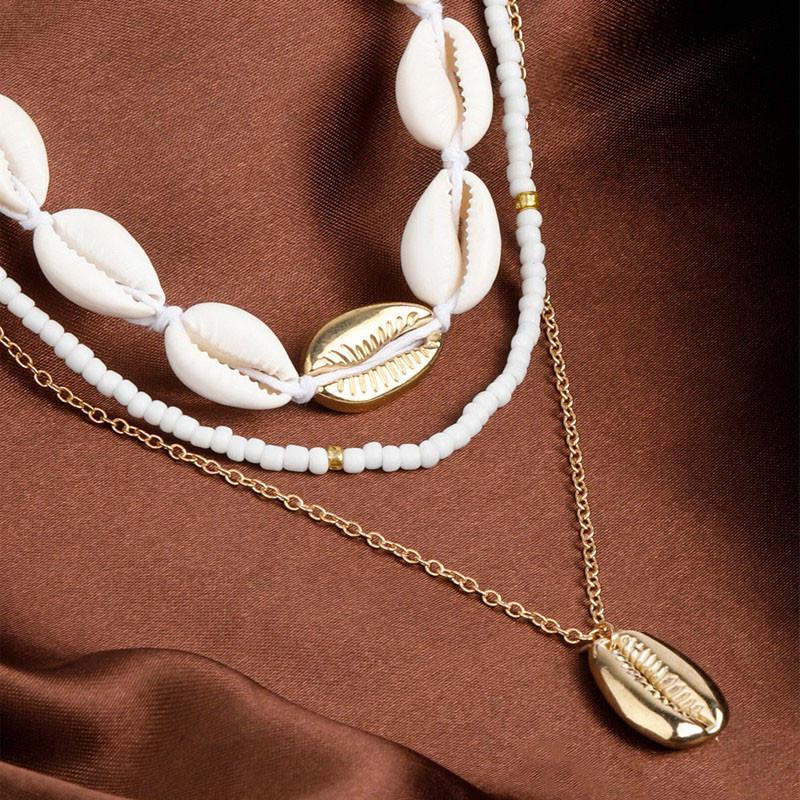 Bohemian Style Multi-Layer Clavicle Chain Necklace with Seed Beads and Shell Pendant for Women