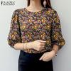 ZANZEA Damen Sommerbluse mit Blumendruck, lässig, Rundhalsausschnitt, 3/4-Ärmel