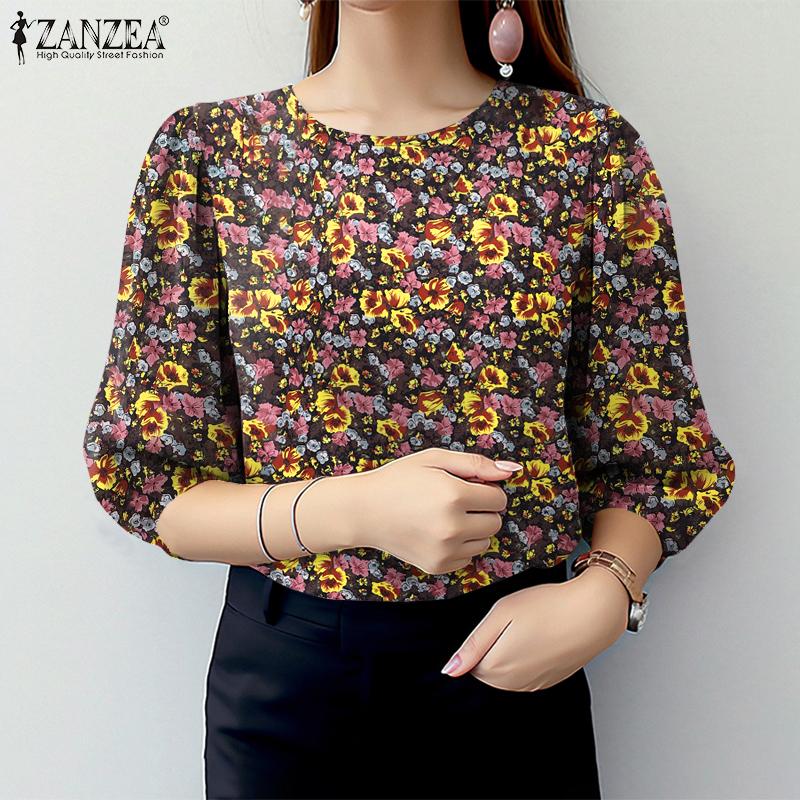 ZANZEA Damen Sommerbluse mit Blumendruck, lässig, Rundhalsausschnitt, 3/4-Ärmel