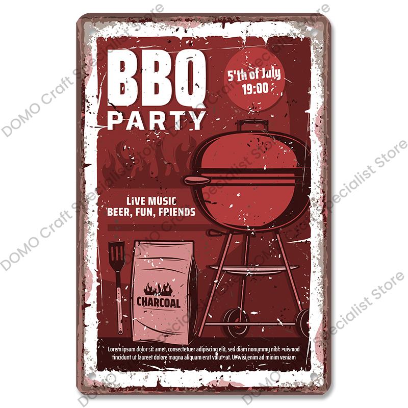 Vintage Barbecue Plaques Metal Tin Signs Grill Meat Steak Sausage Retro Metal Plate Wall Decor BBQ Party Shop Dining Room