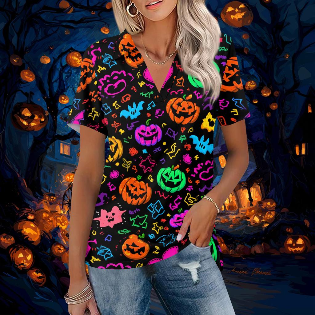Women V Neck Short Sleeve Halloween Print Collared Top Casual Loose Fit Pattern Blouse for Daily Wear Office School