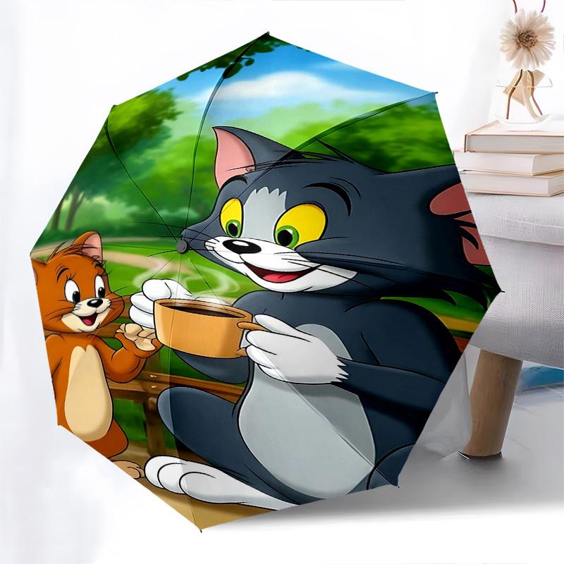 1pc Tom and Jerry Automatic Folding Umbrella - Compact 8-Rib Design, Durable Plastic & Iron1329L
