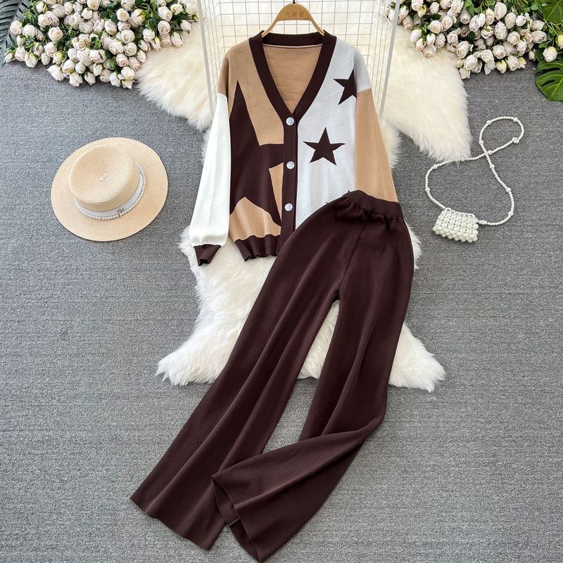 Fashion Suit for Women, Like Long-sleeved V-neck Single-breasted Knitted Jacquard Jacket, Two-piece Set of High-waisted and Thin Wide-leg Pants.