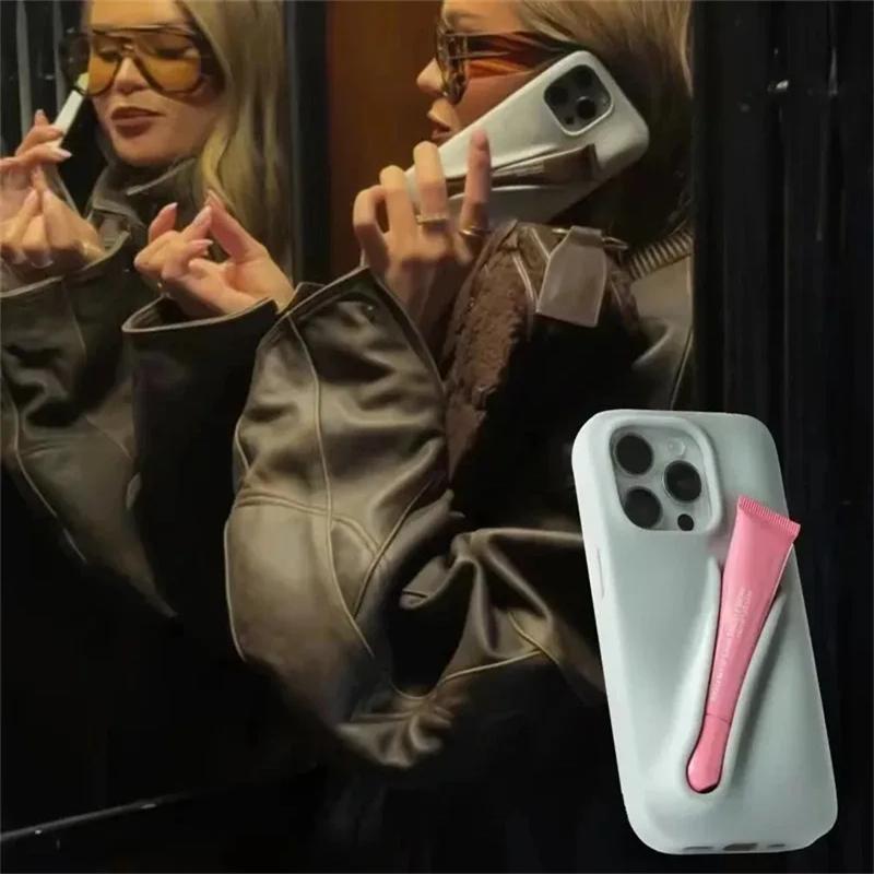 Capa de silicone macia para maquiagem com batom para iPhone 16, 14, 15 Pro Max, X, XS, XR, 11, 13, 12 Mini, 6, 7, 8 Plus SE, capa portátil para brilho labial