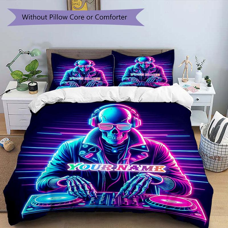 3pcs Custom Name Neon Skull DJ Vibes Bedding Set Printed Bedding Set Duvet Cover Closure Includes 1 Duvet Cover & 2 Pillowcases Bedroom Decor