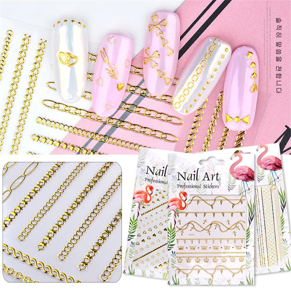 Decal Heart Bow Gold Stripes Nail Art Stickers Geometric Patterns Metal Chains Water Transfer
