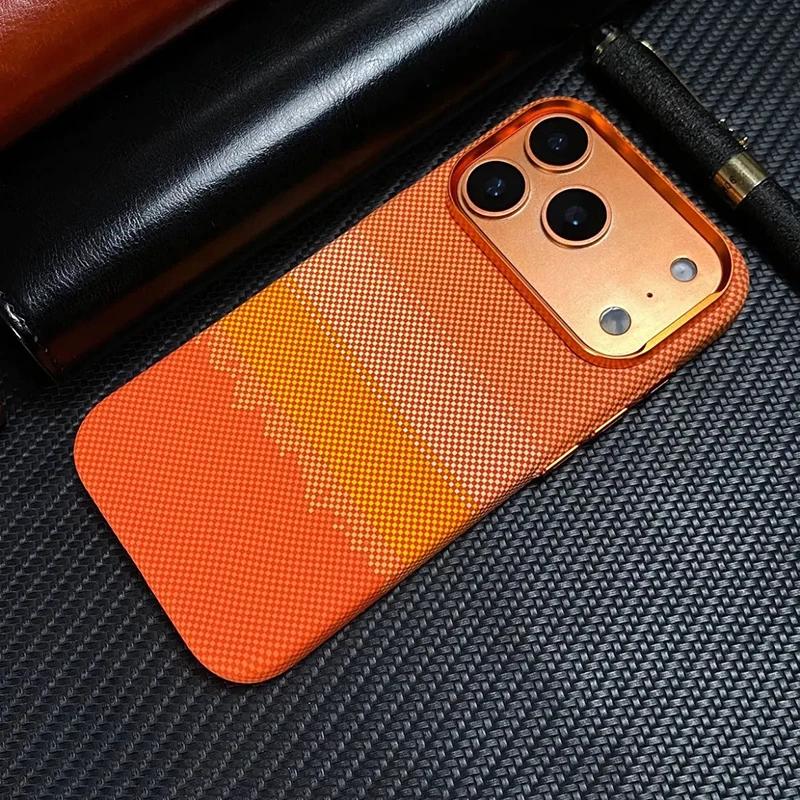 Carbon Fiber Texture Orange Case for iPhone 17 Pro Max / 17 Pro Magnetic Wireless Charging Alloy Lens Protection PC Cover